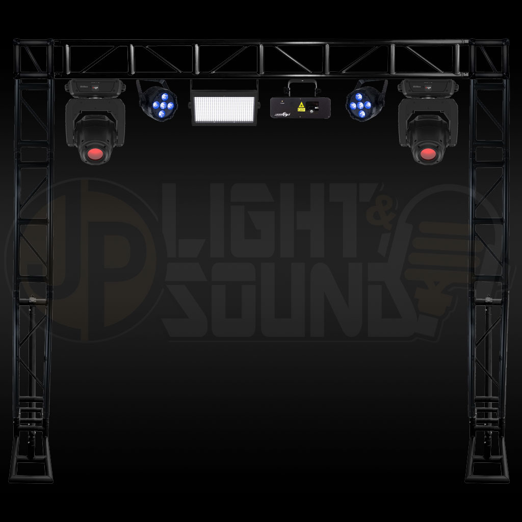 A premium rave lighting package from JP Light & Sound featuring vibrant, colourful LED beams, strobe effects, and lasers for an immersive dance floor experience