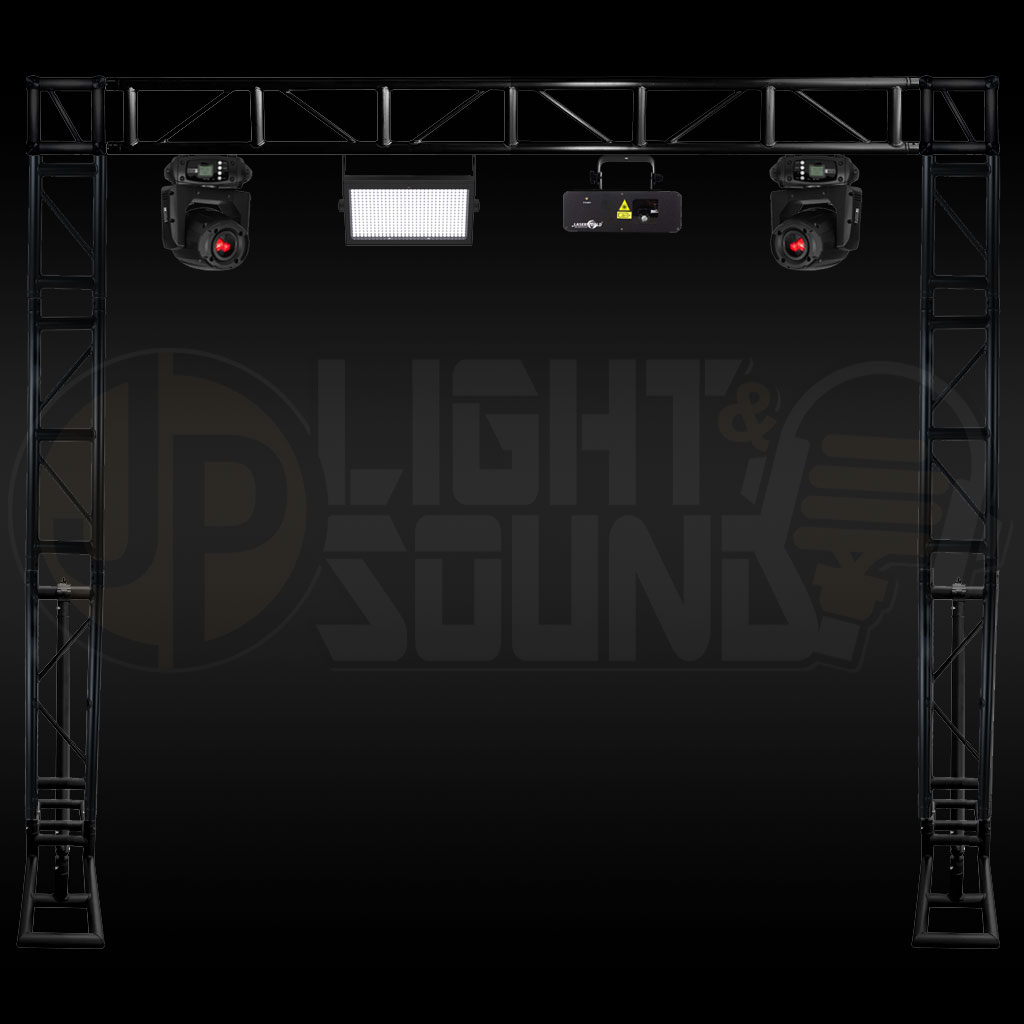 A rave lighting package from JP Light & Sound featuring vibrant, colourful LED beams, strobe effects, and lasers for an immersive dance floor experience