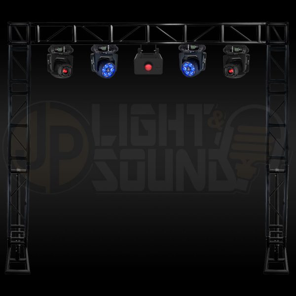 Event moving head light package from JP Light & Sound with wash and spot fixtures, LED water effect, black truss, and cables.