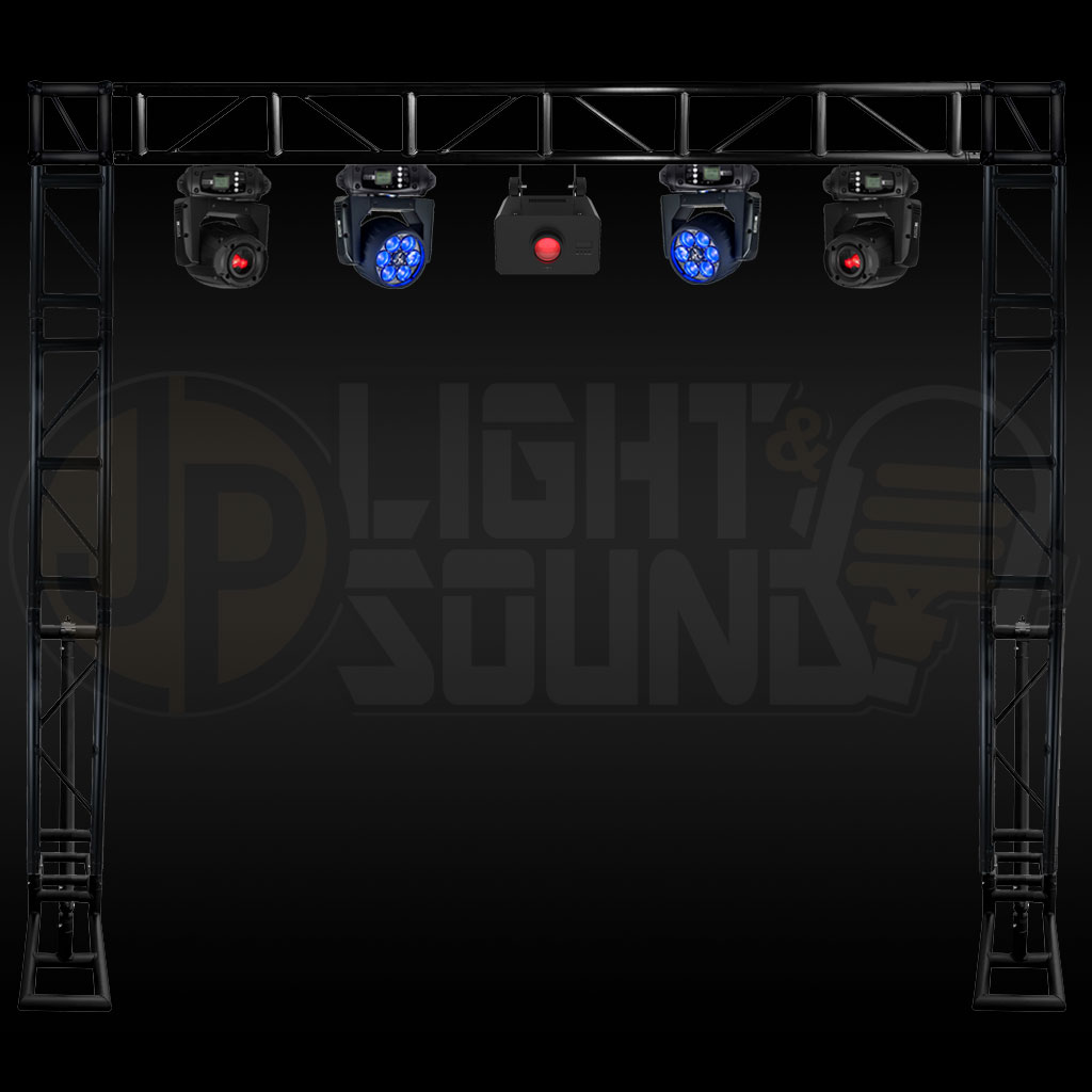 Event moving head light package from JP Light & Sound with wash and spot fixtures, LED water effect, black truss, and cables.