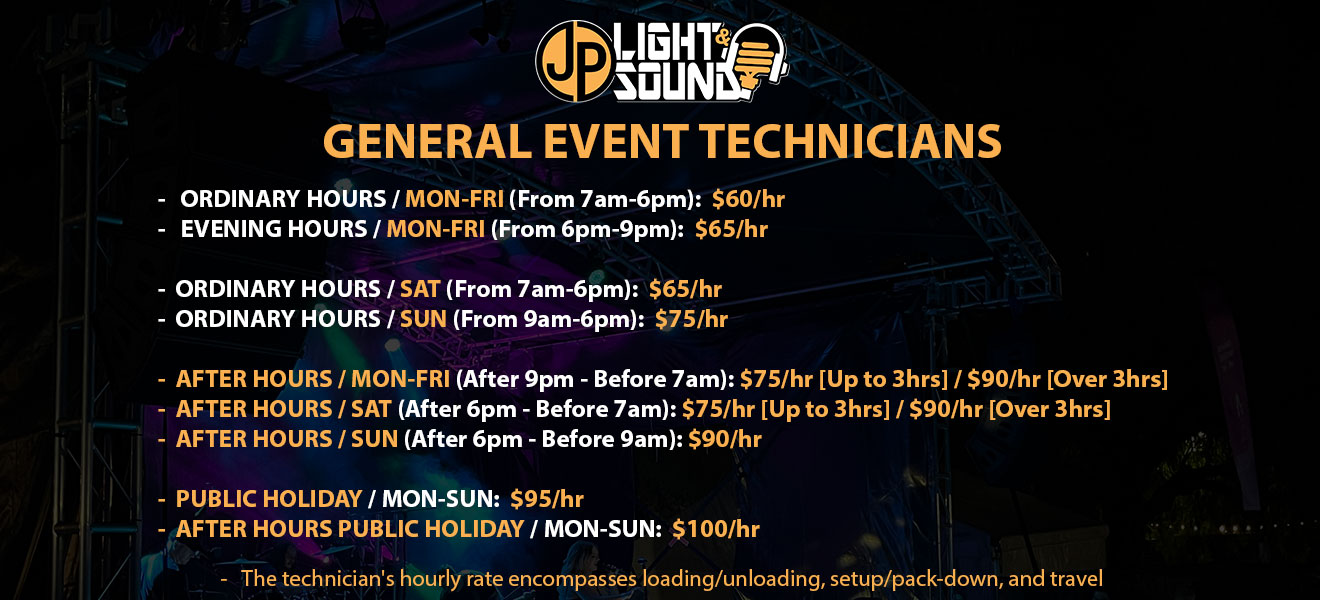 General Event Technicians Pricing 2024 - JP LIGHT & SOUND - ADELAIDE